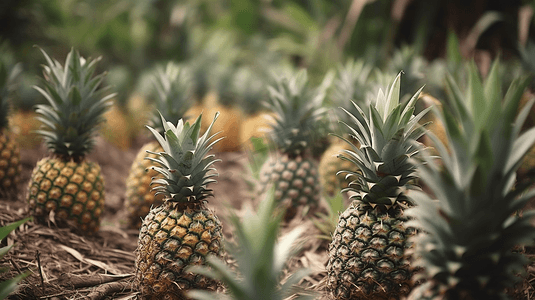 种植水果摄影照片_菠萝热带水果生长在果园里特写