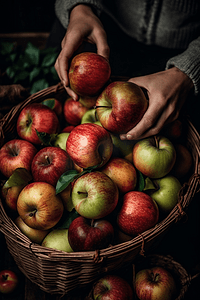 农民手里捧着新鲜的刚摘的苹果
