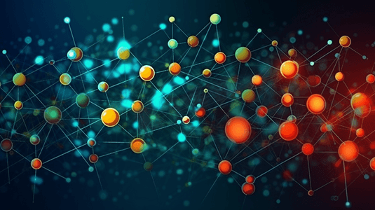 分子细胞结构背景为蓝色、青色、橙色、绿色和红色