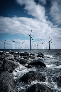 环保电力摄影照片_丹麦哥本哈根海岸的海上风力涡轮机