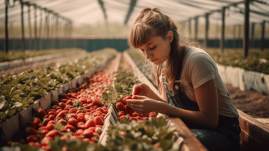 农业女孩摄影照片_女孩检查和保护他的产品农场里的草莓果实