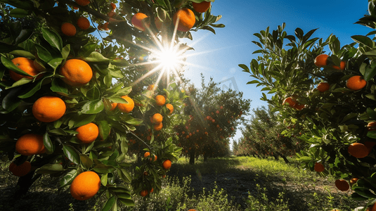 水果西柚线描摄影照片_橘子在果园的树上开花阳光映衬着蓝天
