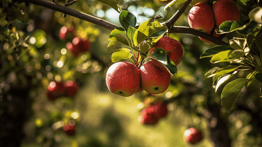 苹果在果园的树上开花阳光映衬着蓝天