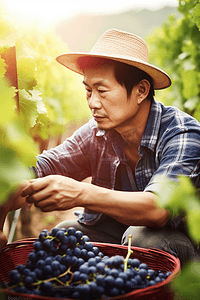 葡萄园里的农民检查和保护他的产品农场里的葡萄果实