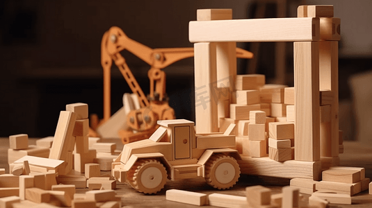 玩具机器摄影照片_玩具施工机器在图纸上用木块建造房屋模型