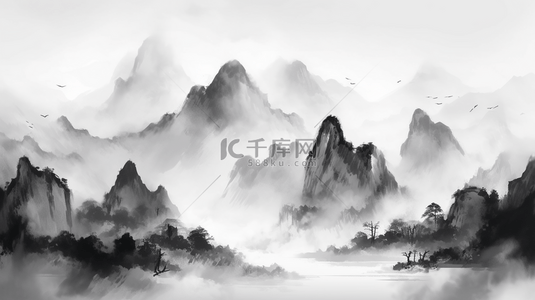 水墨中国风景背景图片_灰色水墨古典山水风景背景