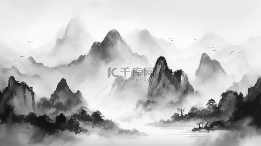 中灰色背景背景图片_灰色水墨古典山水风景背景