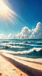 超广角背景图片_夏日海滩阳光海浪蓝天白云