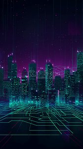 绿色发光背景背景图片_高科技数字城市紫色绿色发光背景