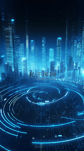 赛博朋克霓虹背景图片_太空光环蓝色科技数字城市背景