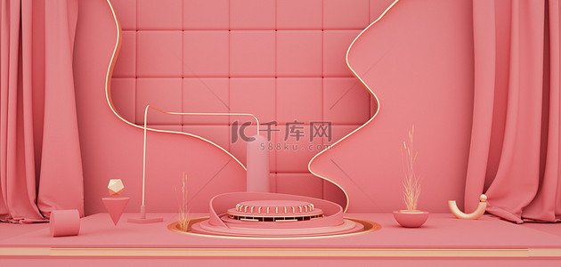 春日舞台剧背景图片_C4D几何粉色系3D立体空间