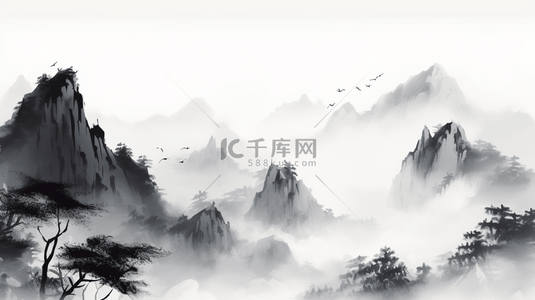 古典中国水墨背景图片_灰色水墨古典山水风景背景