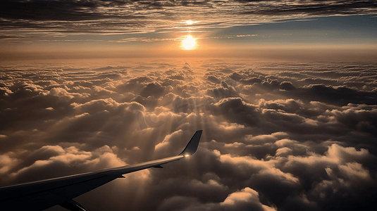 飞机翱翔在夕阳的天空下