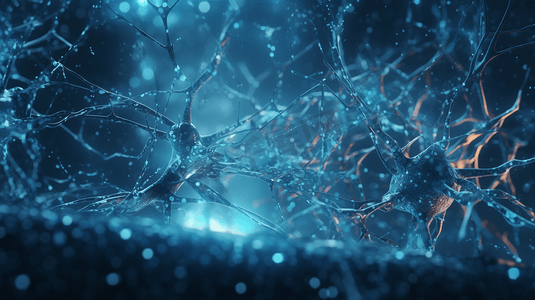 细胞摄影照片_3D抽象蓝色背景上的神经元细胞