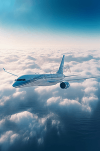 飞机飞过摄影照片_商用飞机飞过湛蓝的天空和白云