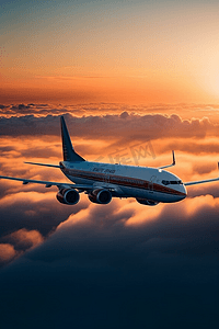 飞机飞过云层摄影照片_飞机在日落时飞过低云