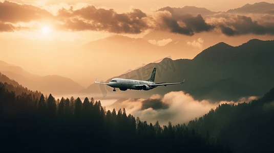 云雾山林摄影照片_飞机在云雾中飞过山林