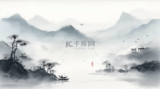 山水装饰画背景图片_手绘中国风水墨山水背景