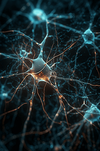 电脉冲和放电通过神经元细胞和突触网络的3D效果图