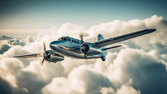小型私人飞机在蓝色的云层中飞行