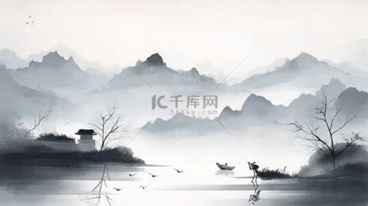 手绘插画背景图片_手绘中国风水墨山水背景