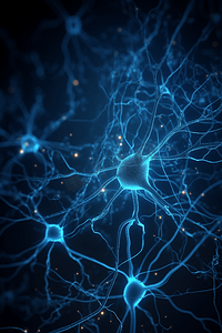 开拓大脑摄影照片_3D大脑中的神经元深蓝色