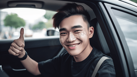 帅哥开车亚洲摄影照片_年轻的亚洲帅哥微笑着，在他的车里竖起大拇指
