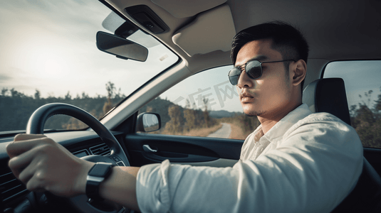 行驶着的汽车摄影照片_亚洲人开着他的车。在假日自然驾驶汽车
