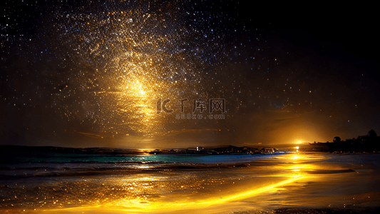 金色海滩背景图片_夜空中海面海滩上星空
