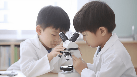 亚洲儿童与科学家一起分析研究评估显微镜