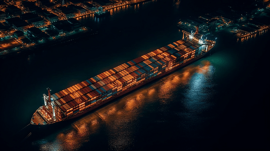 空中俯视集装箱货船在夜间进出口和商业物流运输