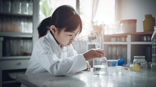 学生做化学实验摄影照片_年轻的亚洲女学生在实验室教室里做化学实验。