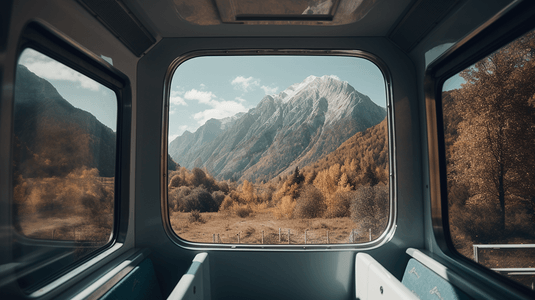 火车内部和山在窗口旅游背景
