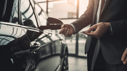 车钥匙摄影照片_一名汽车销售员将一辆新车的钥匙交给一名年轻的商人。两个商务人士之间的握手
