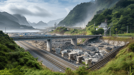 中国台湾铁路建设在海岸的山脉和礁石中间，有高速列车和公路，汽车