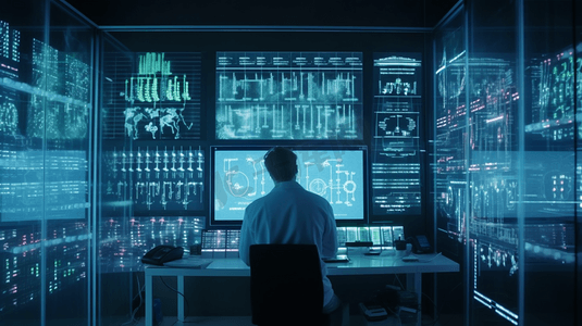 男科学家在透明的计算机显示器上破译DNA序列