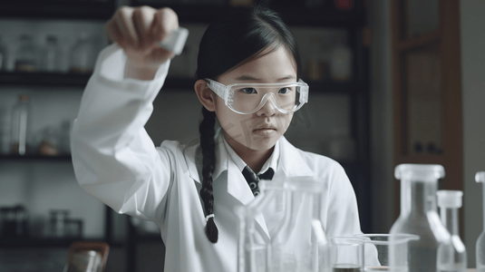 穿着实验服的亚洲女孩在化学实验室扮演科学家的画像
