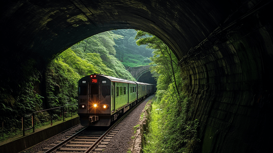 新台北中国台湾紧挨着山谷，火车穿过山里的隧道，是一道美丽的风景线