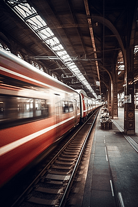 客运车图标摄影照片_日落时分，高速红色客运列车在德国纽伦堡火车站的铁轨上行驶模糊的通勤列车