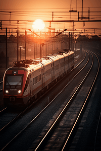 日落时分，高速红色客运列车在德国纽伦堡火车站的铁轨上行驶模糊的通勤列车