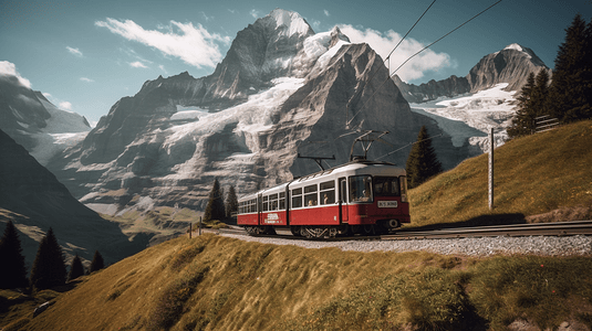著名的红色电动旅游列车从欧洲之巅驶来