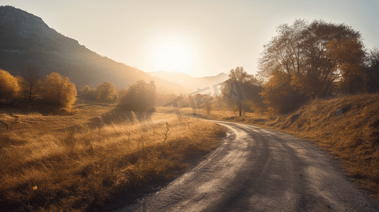 太阳初升摄影照片_秋天的山区，在空旷的柏油路上开车，驶向初升的太阳。塞尔维亚戈利亚山。
