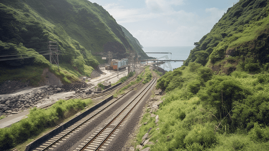 中国台湾铁路建设在海岸的山脉和礁石中间，有高速列车和公路，汽车