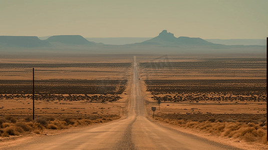 道路风景图摄影照片_经典的垂直全景图，一条无尽的直路穿过美国西南部贫瘠的风景，在一个美丽的炎热的晴天，蓝天
