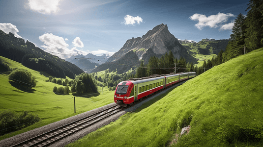 火车带车号摄影照片_夏天，一列红色的长火车穿过瑞士阿尔卑斯山附近的绿色山谷，