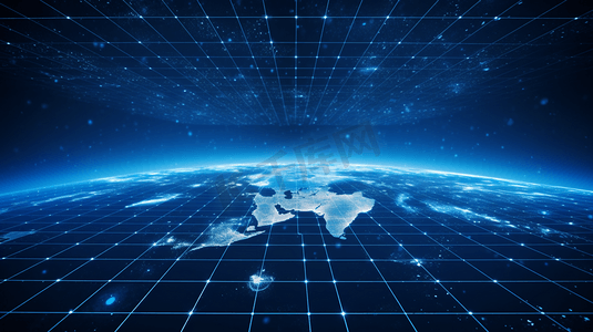 蓝色科技点线结构摄影照片_3D渲染线网格虚拟数字地球