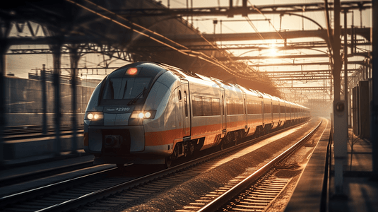 欧洲日落时分，高速列车在火车站行驶。火车站台上的现代城际列车具有运动模糊效果