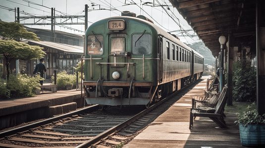 中国台湾东部一个小火车站停靠的老式火车
