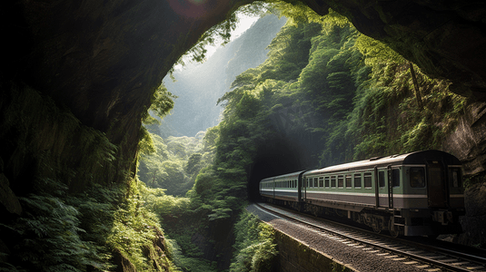 新中国风清新摄影照片_新台北中国台湾紧挨着山谷，火车穿过山里的隧道，是一道美丽的风景线