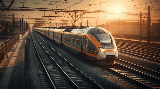 城际列车摄影照片_欧洲日落时分，高速列车在火车站行驶。火车站台上的现代城际列车具有运动模糊效果